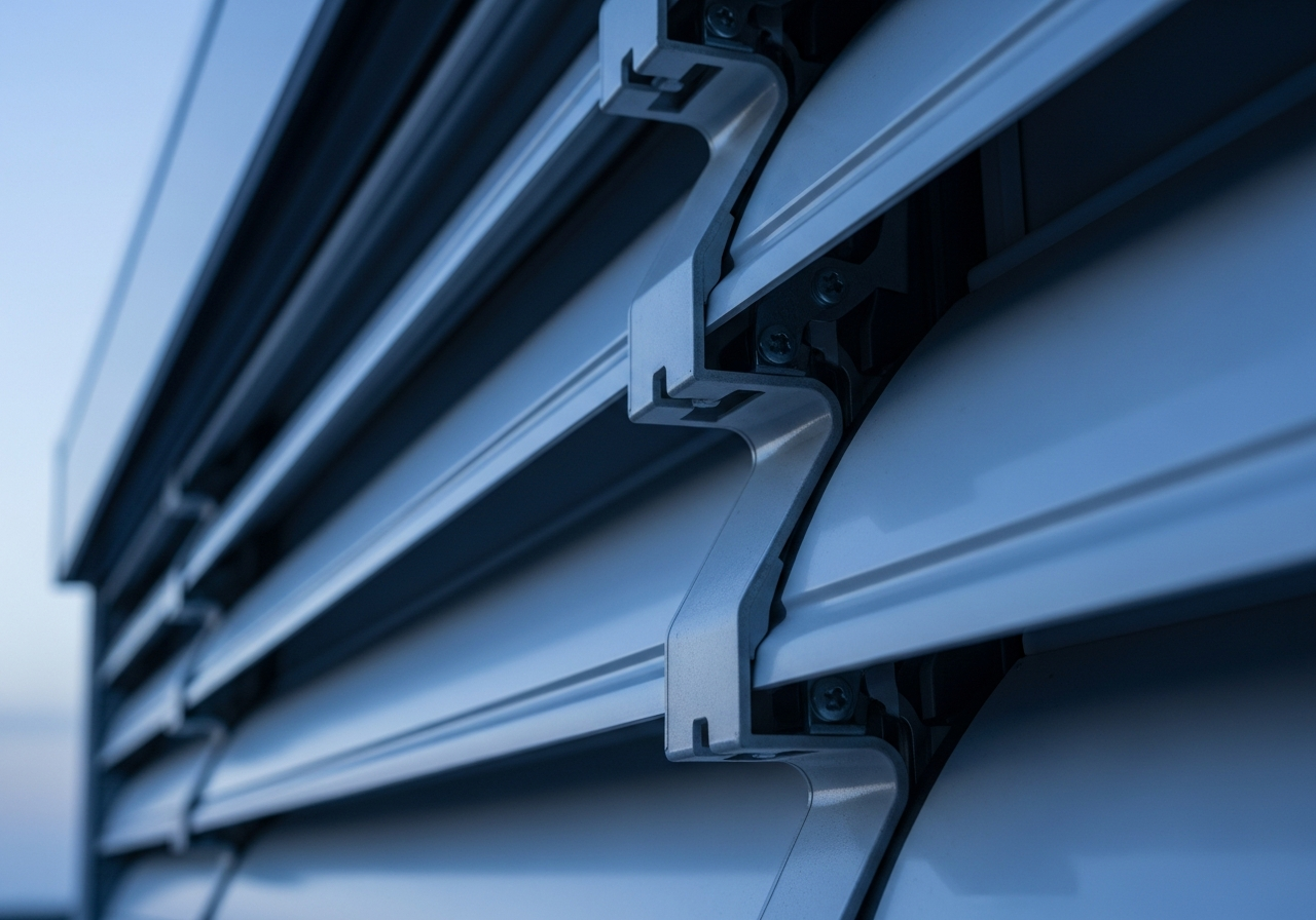 Détail du mécanisme de volet roulant avec lames en aluminium blanc